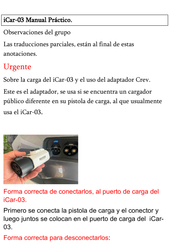 Conexión de carga del iCar-03